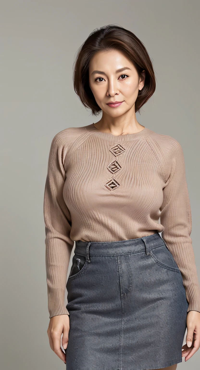 hight resolution, high-level image quality, high detailing, ​masterpiece, Textured skin, tre anatomically correct, sharp, greybackground((japanese mature, sixty years old)), 独奏, ((Wrinkles on the face)), large breasts with good shape, Light brown straight hair that reaches to the shoulders, chubby figure (((Stand upright facing the center of the screen))), Close your mouth and look straight ahead with a serious face, Sweaters, skirt by the, ((cowboy  shot)),