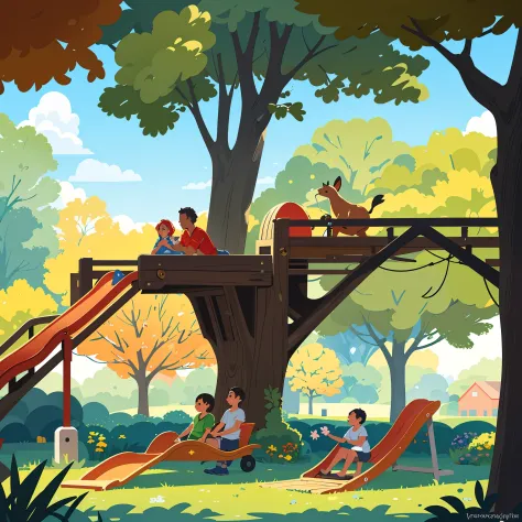 a family in the park, vibrant colors, sunlight filtering through the trees, happy atmosphere,father, mother, children playing an...