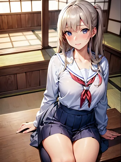 (highest quality,High resolution,table top:1.2),super detailed,(realistic,realistic,Photoreal:1.37),game CG,1 girl, a five years girl, silver hair, (half up:1.1), big breasts, (japanese school uniform:1.5), Eye and face details, blush, cool look, soft ligh...