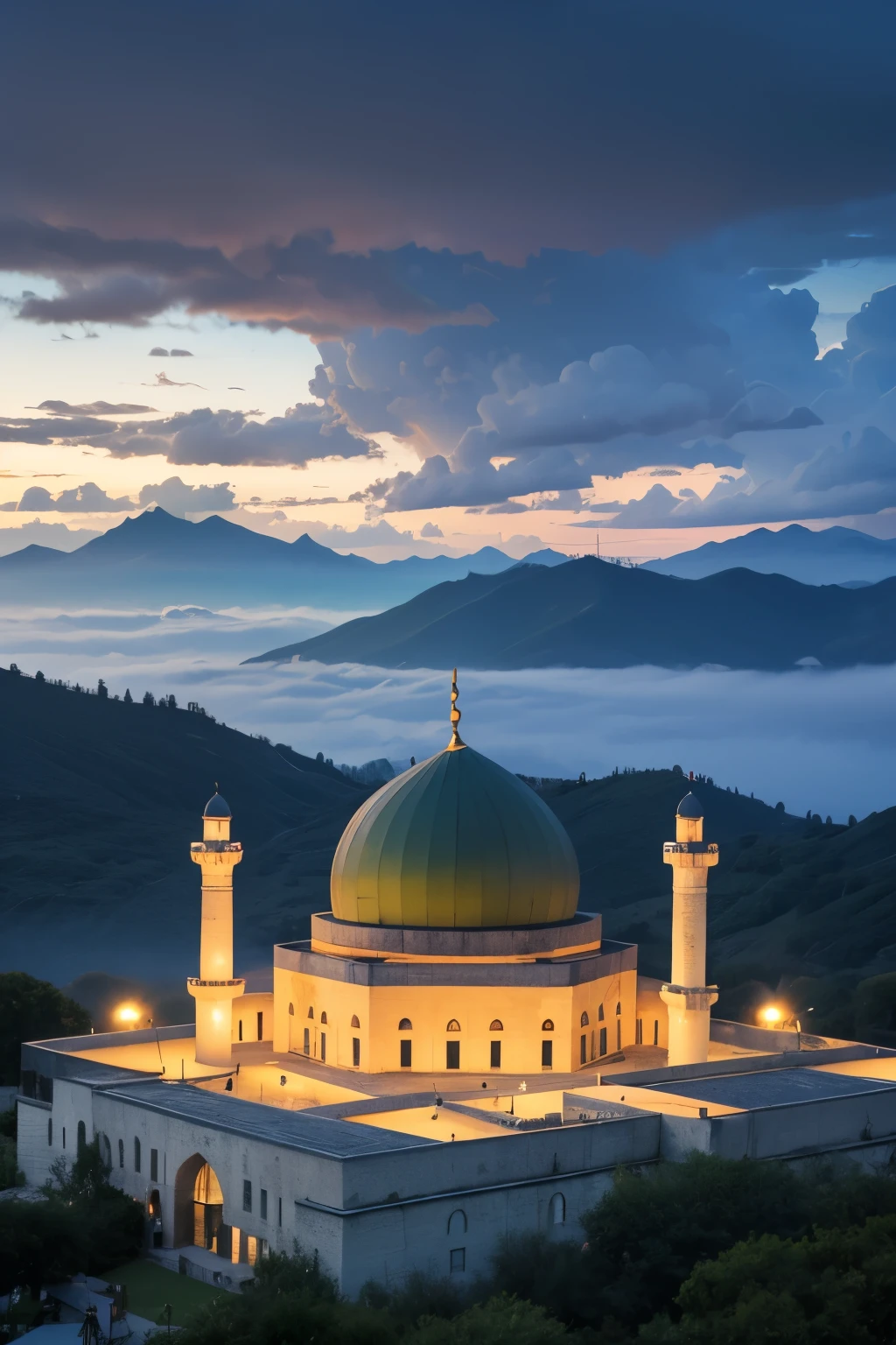  mosquée, avec dôme vert foncé, au sommet de la montagne, Strom de tonnerre, brouillard, Lac