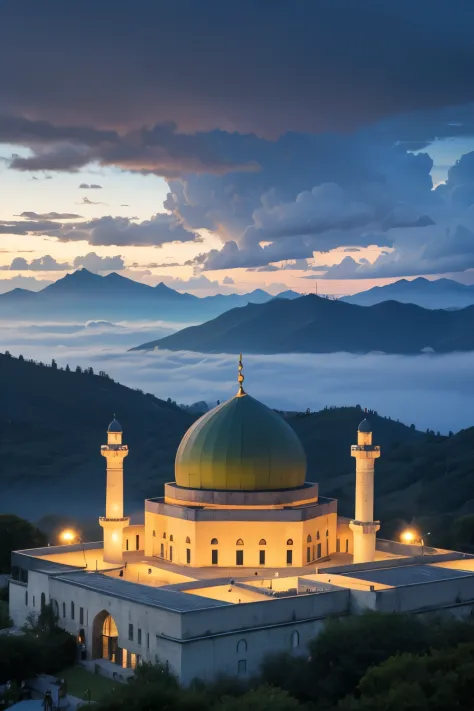 mosque, with dark green dome, on top of mountain, thunder strom, fog, lake