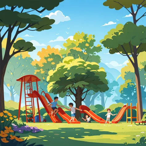 a family in the park, vibrant colors, sunlight filtering through the trees, happy atmosphere,father, mother, children playing an...