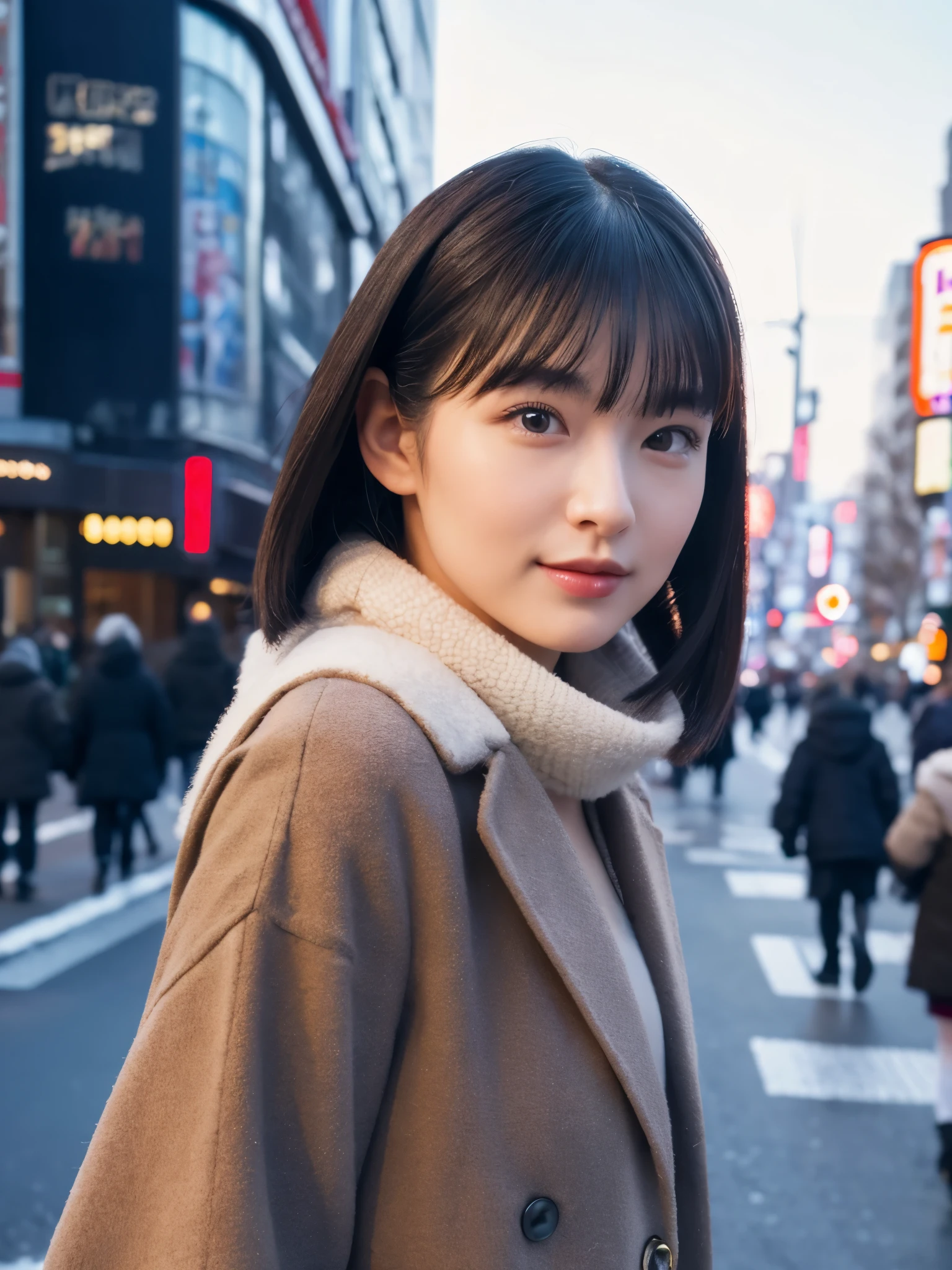 photorealistic, 8K, Full body pinup poster from head to foot, Beautiful woman, attractive look, Hair style is ponytail, 20-year-old, Tokyo, 2023, winter clothing, Shibuya in the background