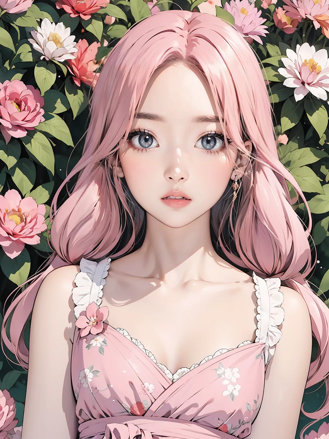 absurd, super detailed,pale colour, very beautiful detailed anime face and eyes,  光沢のあるウェーブのかかったpink hair、 delicate and beautiful features, 、pink hair、Cute Girly Beautiful Girl(solo:1,2)，(excellent anatomy)、perfect slim body，head ribbon、stare into the distance、(flower garden loral).