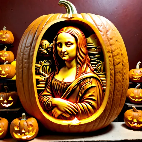 Pumpkin carving, Mona Lisa, Mona Lisa, Pumpkin carving art, carving, masterpiece, Excellent quality, hyperrealistic, Feature photo, a high resolution, very detailed
