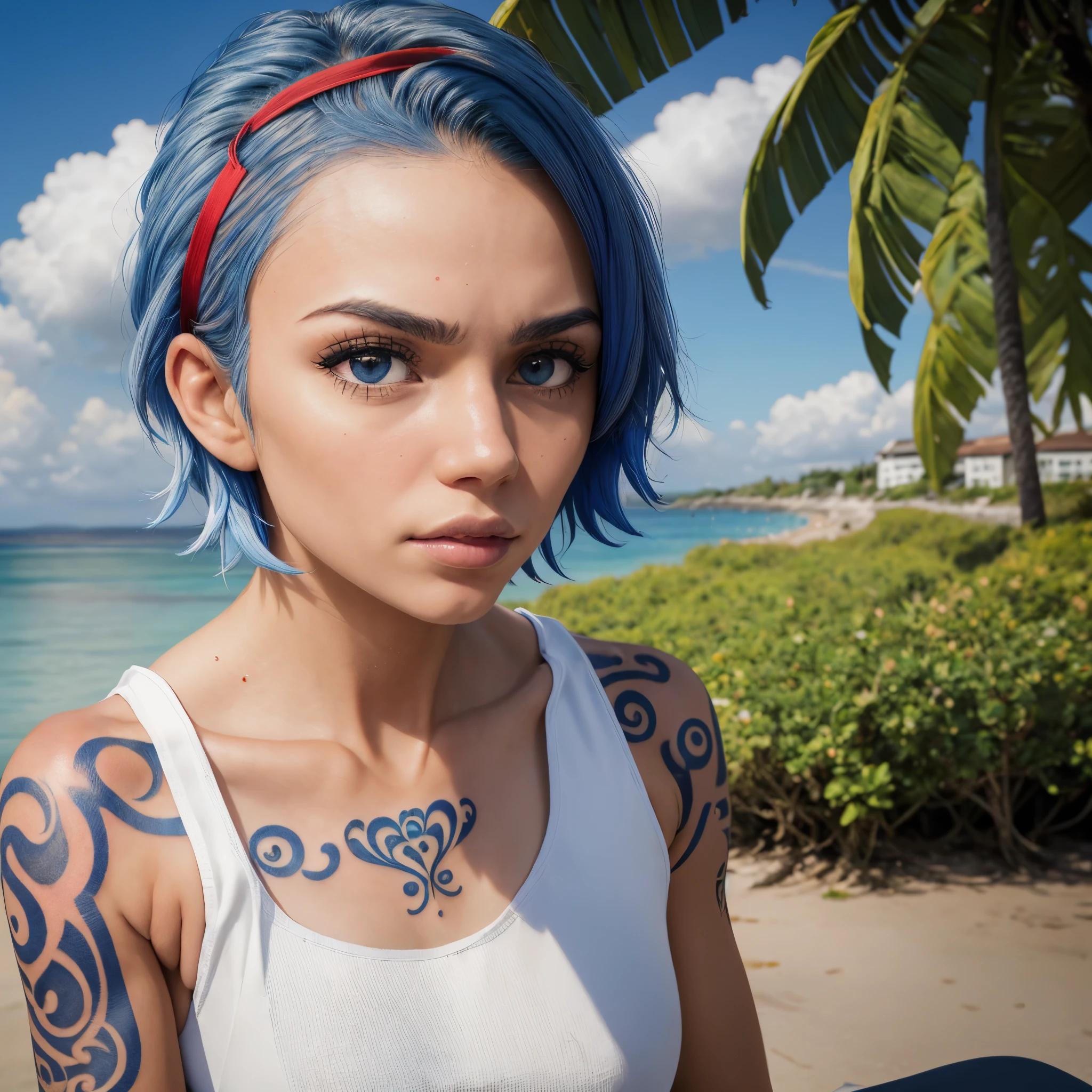 ((headshot)), (masterpiece, best quality), nojiko, (short blue hair), (red, hairband), (tank top), big breast, sitting at rock nearby beach, outdoor, blue sky, cloud day, day, (tattoo), expression of feelings, imaginative, highly detailed, detailed pupils, detailed face, detailed eyes