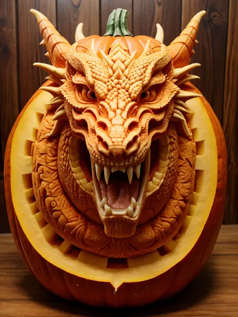 best quality, ultra-detailed, photorealistic,3D rendering, pumpkin carving, dragon carving