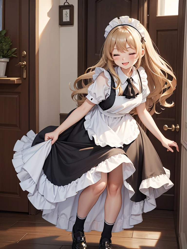 Girl, alone, entrance to a Western-style house, maid's headdress, eyes closed, apron, smile, skirt, short sleeves, black shoes, dress, long wavy blonde hair, bouncy hair, whole body, white apron, black dress, fluffy sleeves Yes, maid apron, close mouth,long hair, wrinkles, facing the audience, fluffy short sleeves, standing, knees bent, socks, ascot, bowing, standing thin with one knee up, lifting the skirt with both hands, bending forward, front view,