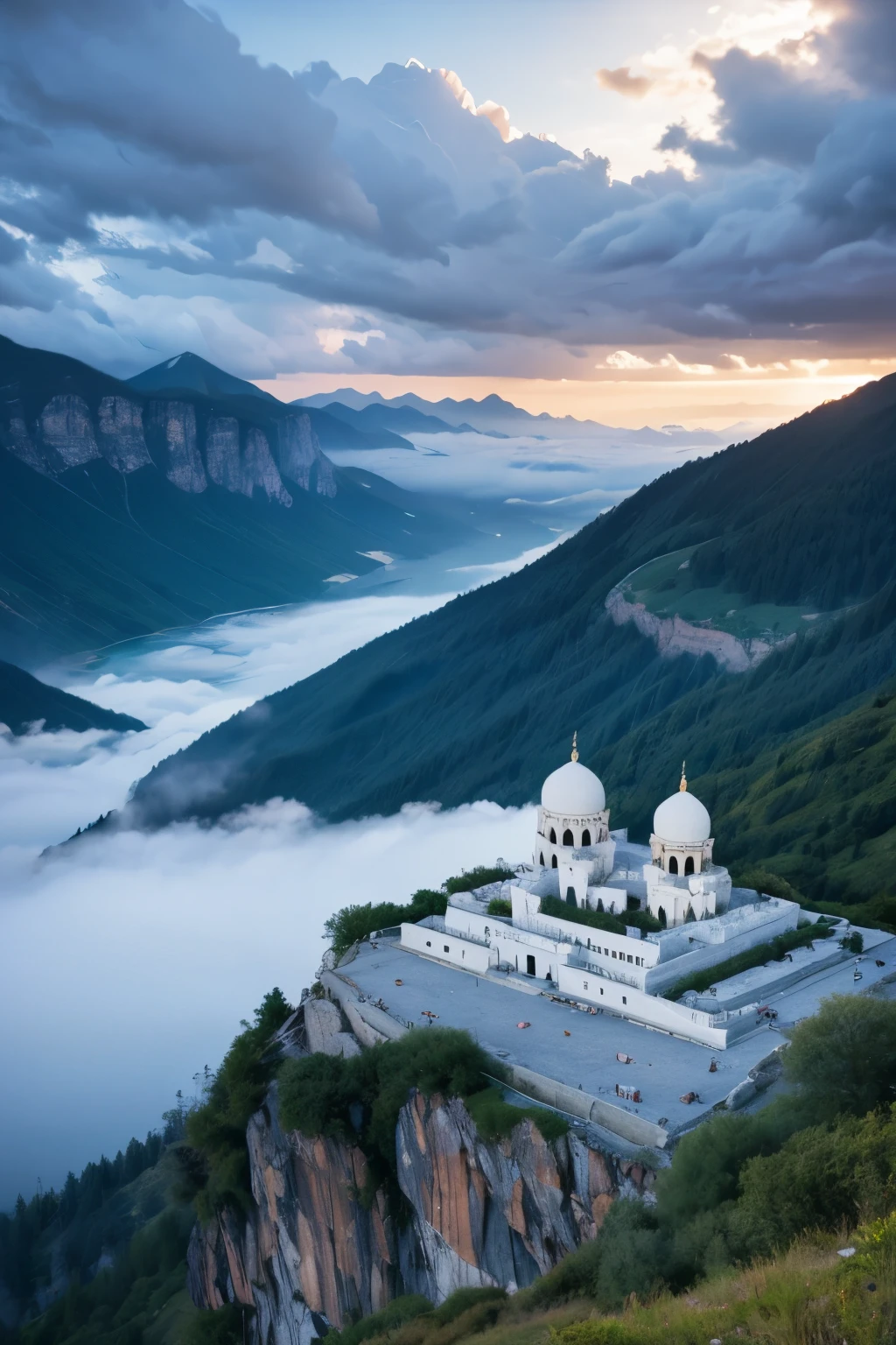 Moschee auf dem Gipfel des Berges, thunder strom, Nebel, See