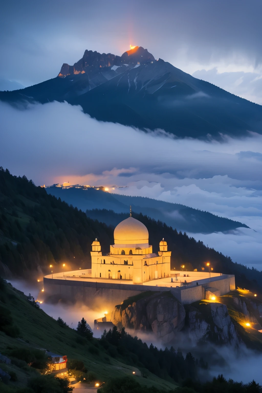 Mosque on top of mountain, thunder strom, fog, lake