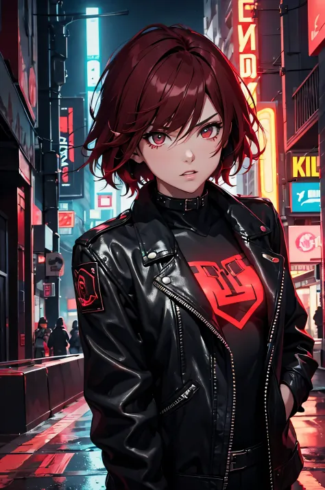 adult woman, black leather jacket, short red hair, tomboy, night city, red lights, cyberpunk, neon. aesthetic, 8K