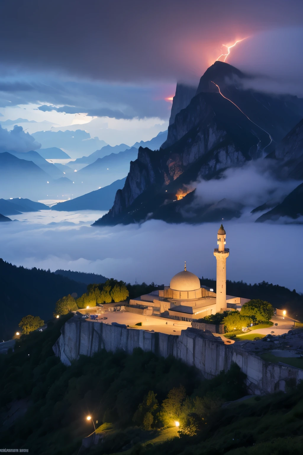 Mosquée au sommet de la montagne, Strom de tonnerre, brouillard, Lac