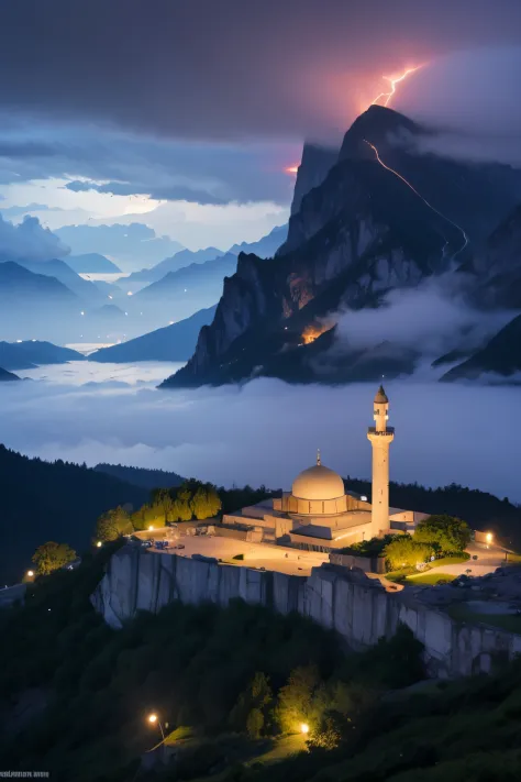 mosque on top of mountain, thunder strom, fog, lake