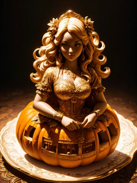 (Cute girl carved from a large pumpkin：1.1），（whole body），Beautiful long-haired girl，RococoStyle，Retro court dress，16k，orange，console， and an honest background：on the plate on the dining table，Fruit carving，food engraving，Three-dimensional engraving，scenogr...