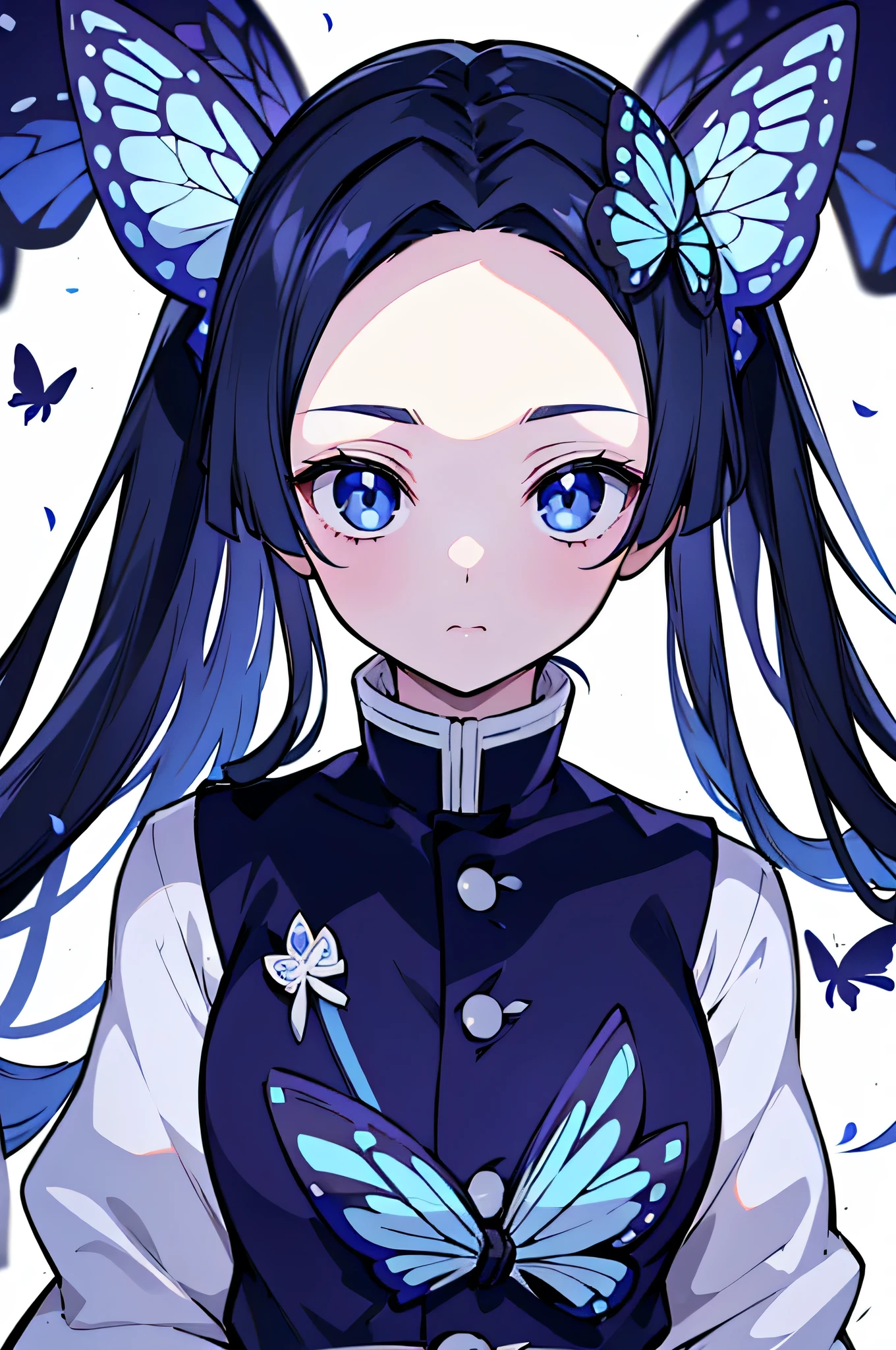 (debris flies, highest quality, ultra high resolution),1 girl,((private server), beautiful and detailed face, fine eyes,((dark blue theme)),The background is wrapped in white,#Kimetsu,butterfly々hair ornaments