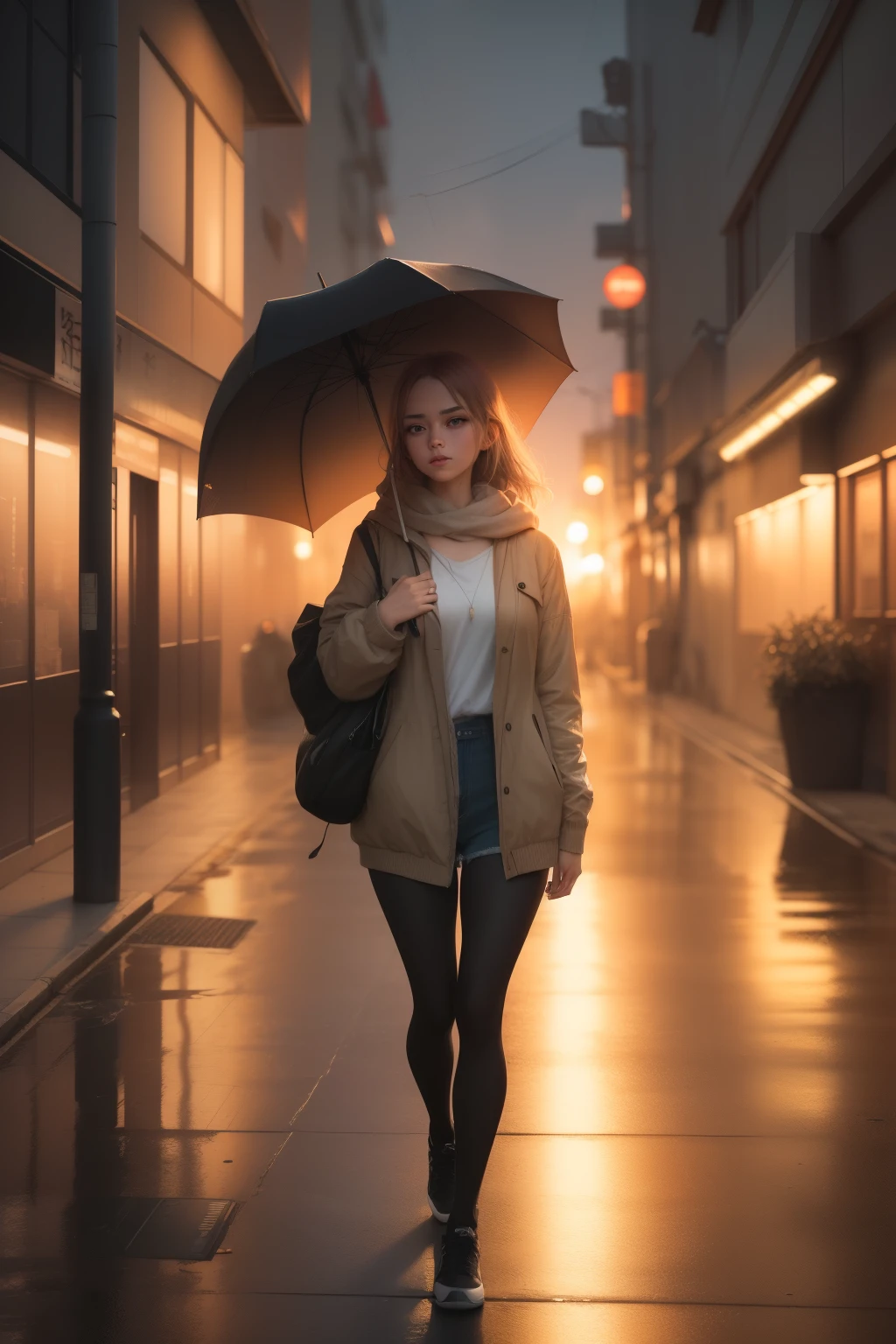 一位年轻女子撑着伞步行回家, 二十多岁的女人, 小雨, 东京动漫场景, alena aenami 的风格, 平静的日落, 美丽的动漫场景, 动漫氛围, 动漫艺术壁纸4k, 动漫艺术壁纸 8k