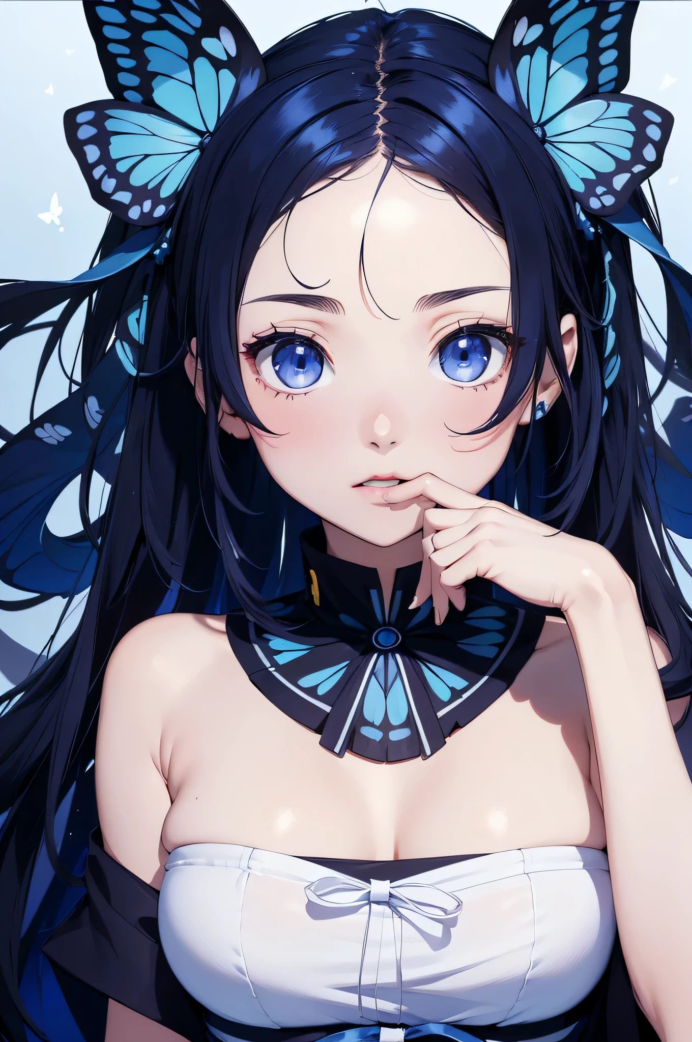 (debris flies, highest quality, ultra high resolution),1 girl,((private server), beautiful and detailed face, fine eyes,((dark blue theme)),The background is wrapped in white,#Kimetsu,butterfly々hair ornaments,yoga poses,whole body