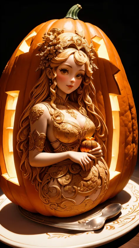 (A cute girl carved from a large pumpkin：1.1），（whole body），Beautiful long-haired girl，RococoStyle，Retro court long skirt，16k，Orange，relief， and honest background：on the plate on the dining table，Fruit carving，food engraving，Three-dimensional engraving，scen...