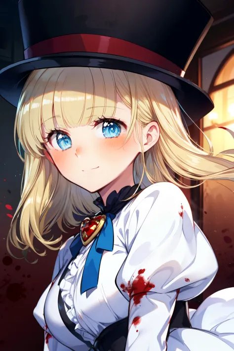 (1girl, solo), blonde hair, side ponytail, (blue eyes:1.5), long hair, (small breast:1.2), (hair ribbon, juliet sleeves, long sleeves, puffy sleeves, blood stained white dress:1.5, frills, top hat, black top hat, hat, hat flower,) looking at viewer, crazy ...