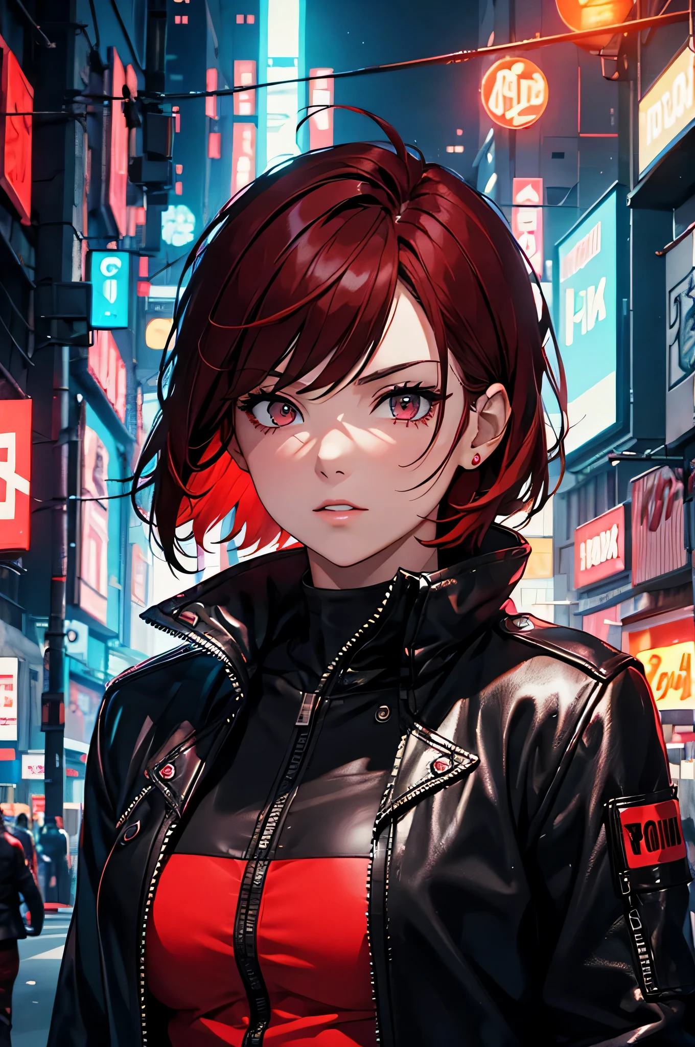 femme adulte, veste en cuir noir, cheveux roux courts, garçon manqué, ville de nuit, lumieres rouges, cyberpunk, néon. Esthétique, 8k