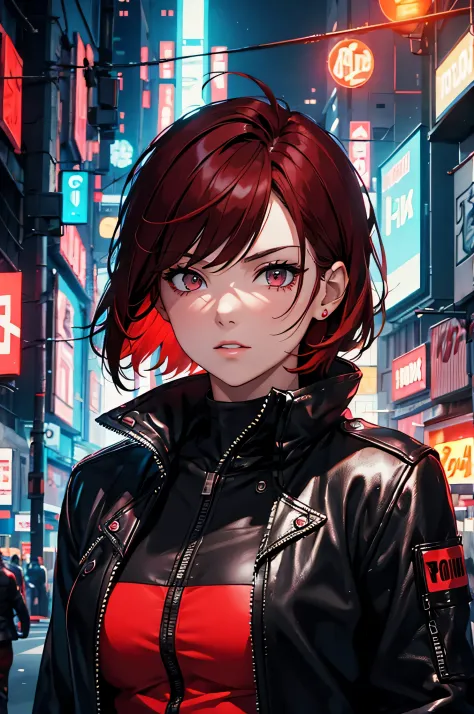 adult woman, black leather jacket, short red hair, tomboy, night city, red lights, cyberpunk, neon. aesthetic, 8k