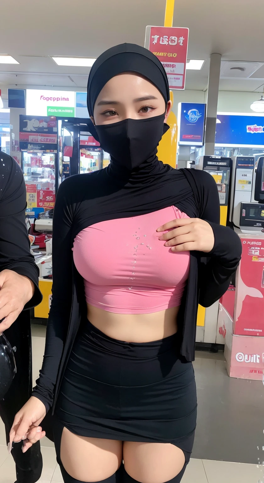 Hot asian girl 18 years old wearing black hijab, pink tight ripped shirt  long Sl - SeaArt AI