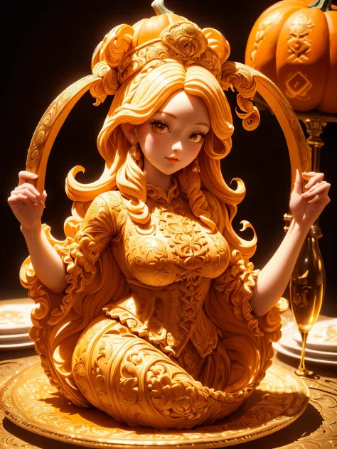 (A cute girl carved from a large pumpkin：1.1），（whole body），Beautiful long-haired girl，RococoStyle，Retro court long skirt，16k，Orange，relief， and honest background：on the plate on the dining table，Fruit carving，food engraving，Three-dimensional engraving，scen...