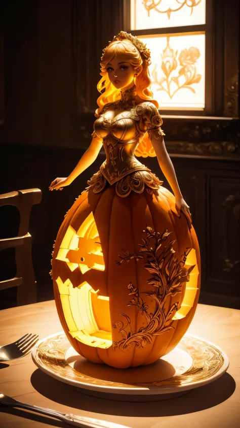 (A cute girl carved from a large pumpkin：1.1），（whole body），Beautiful long-haired girl，retro long skirt，16k，Orange，relief， and honest background：on the plate on the dining table，Fruit carving，food engraving，Three-dimensional engraving，scenography，food sculp...