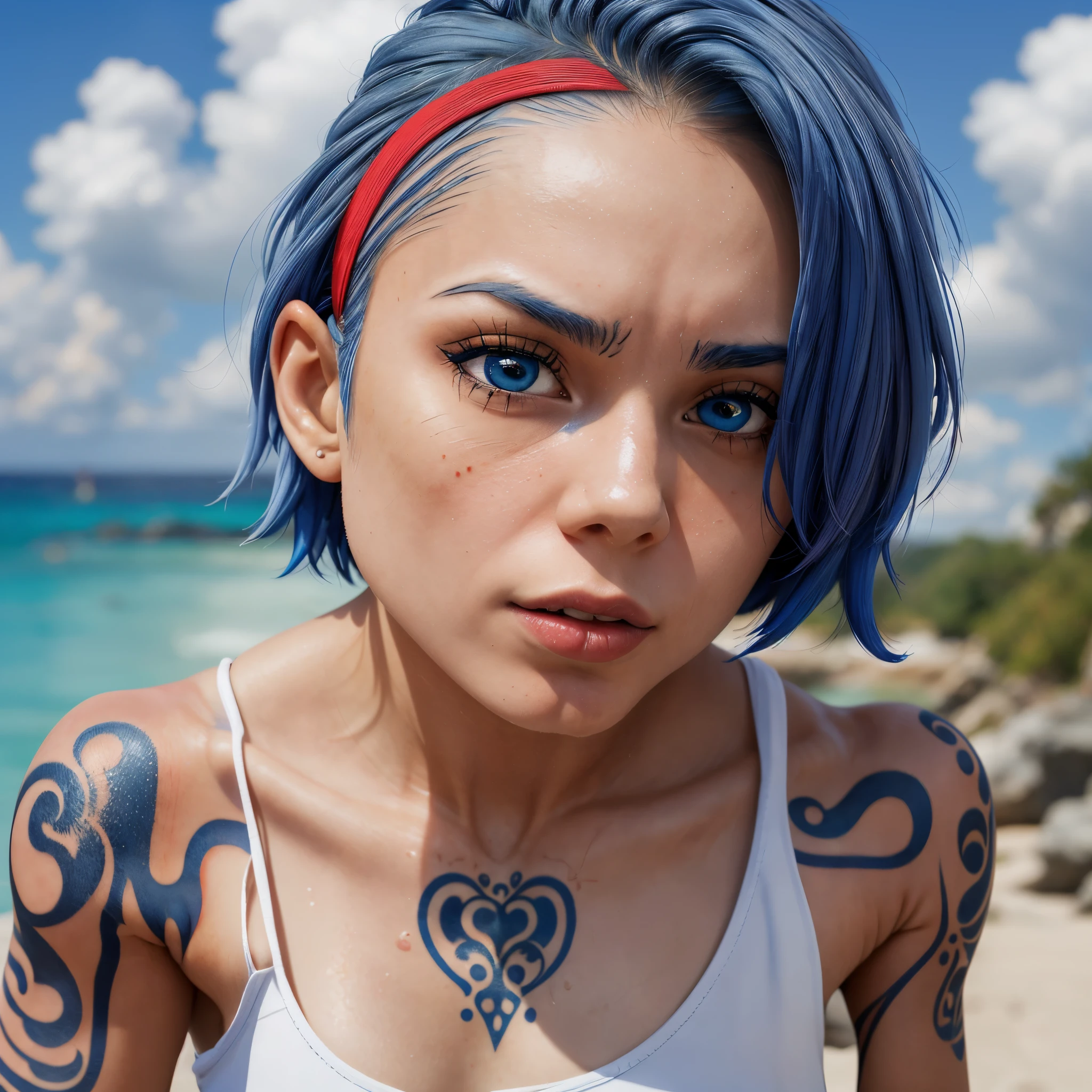 a woman, solo, 1girl, (masterpiece, best quality), nojiko, (short blue hair), (red, hairband), (tank top), big breast, nearby beach, outdoor, blue sky, cloud day, day, (tattoo), expression of feelings, imaginative, highly detailed, detailed pupils, detailed face, detailed eyes