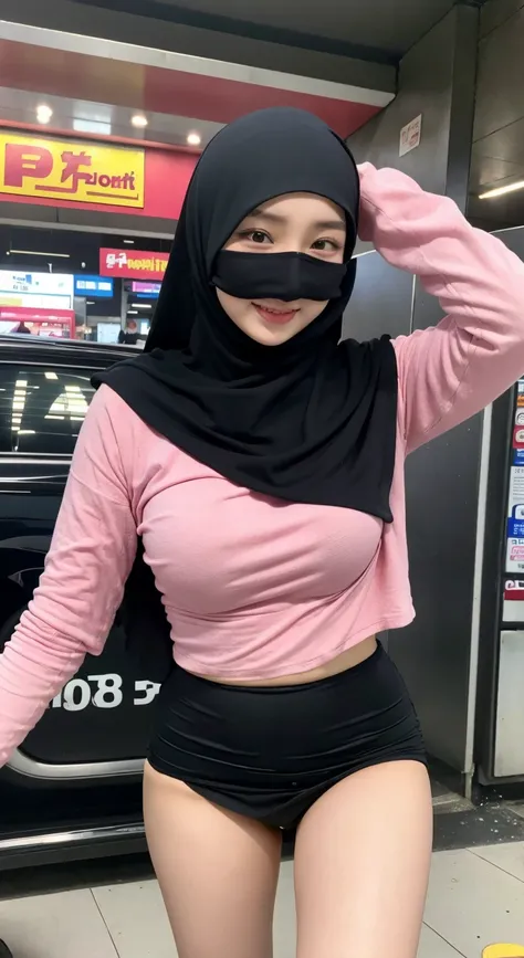 Hot asian girl 18 years old wearing black hijab, pink tight ripped shirt  long Sl - SeaArt AI