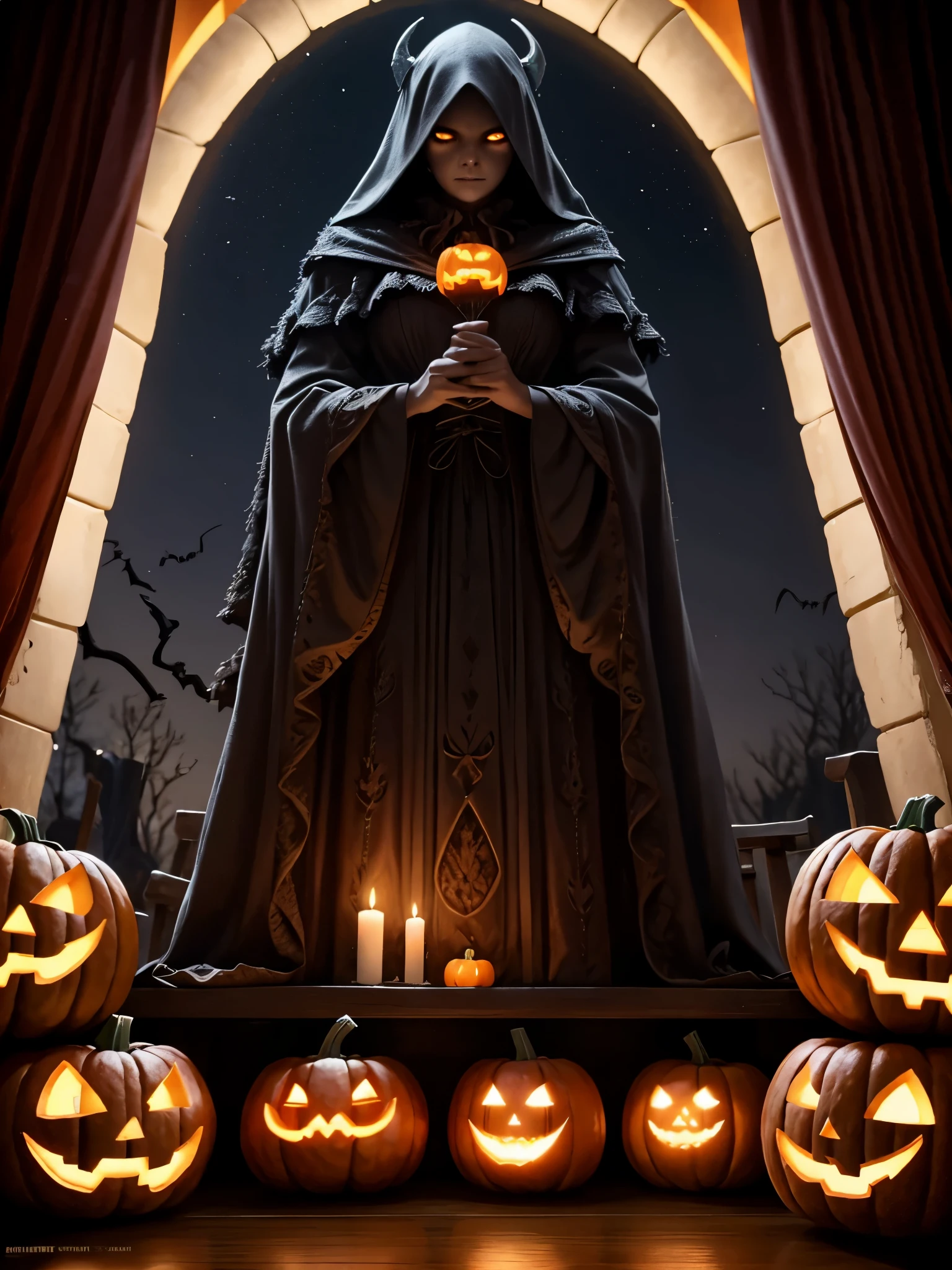 best quality,ultra-detailed,photorealistic,3D rendering,(jack-o-lanterns:1.2),(pumpkins:1.1),spooky atmosphere,autumn colors,(soft candlelight:0.9),(dark shadows:0.9),vibrant orange pumpkins,meticulously carved faces,impressive sculpting skills,hauntingly realistic expressions,twinkling candle flames,flickering lights,creepy,seemingly alive pumpkins,elaborate designs,nighttime glow,witches,full moon,crisp cool air,gothic backdrop,monstrous faces,nightmarish atmosphere eerie ambiance,enchanted Halloween scene