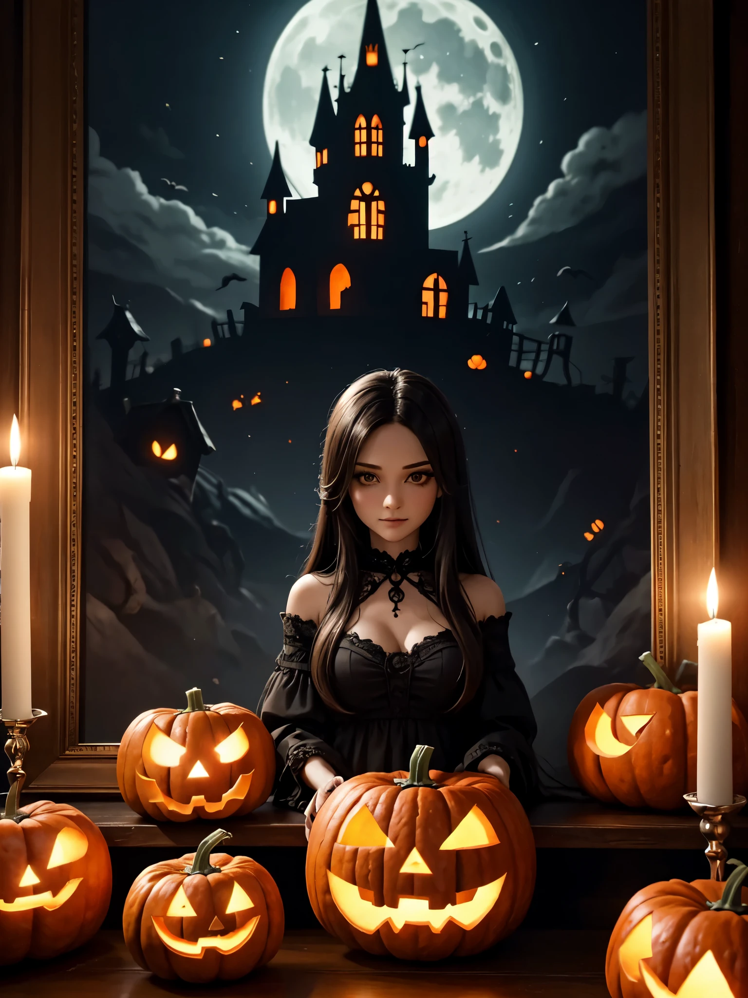 best quality,ultra-detailed,photorealistic,3D rendering,(jack-o-lanterns:1.2),(pumpkins:1.1),spooky atmosphere,autumn colors,(soft candlelight:0.9),(dark shadows:0.9),vibrant orange pumpkins,meticulously carved faces,impressive sculpting skills,hauntingly realistic expressions,twinkling candle flames,flickering lights,creepy,seemingly alive pumpkins,elaborate designs,nighttime glow,witches,full moon,crisp cool air,gothic backdrop,monstrous faces,nightmarish atmosphere eerie ambiance,enchanted Halloween scene