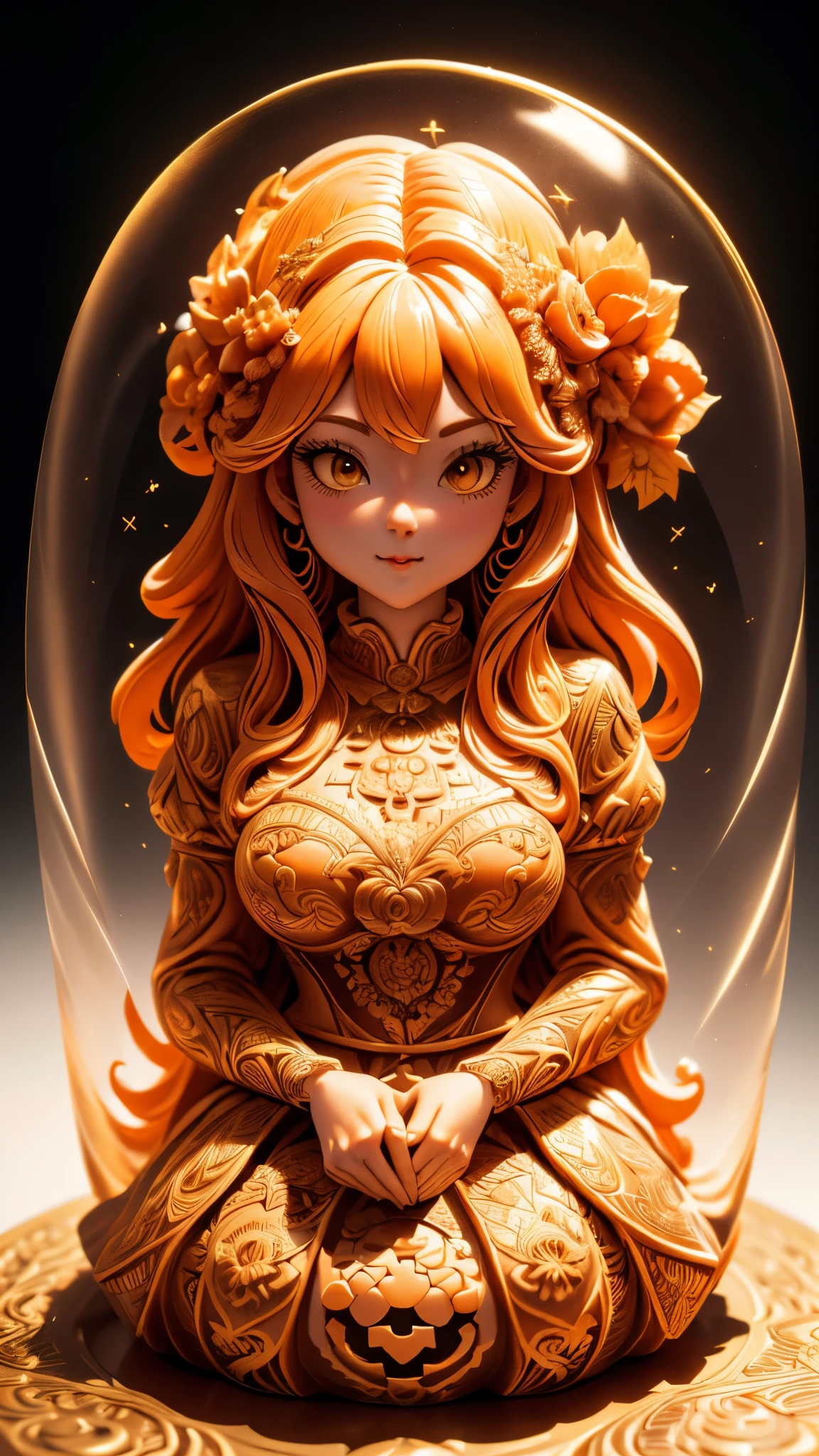 (A cute girl carved from a large pumpkin：1.1），（whole body），Beautiful long-haired girl，Retro court long skirt，16k，Orange，relief， and honest dining table background，Fruit carving，food engraving，Three-dimensional engraving，scenography，food sculpture design， close-up, rotated, rococo style, Classicism, depth of field, UHD, masterpiece, ccurate, super detail, high details, high quality, award winning, best quality, highres, 16k，soft light lighting，