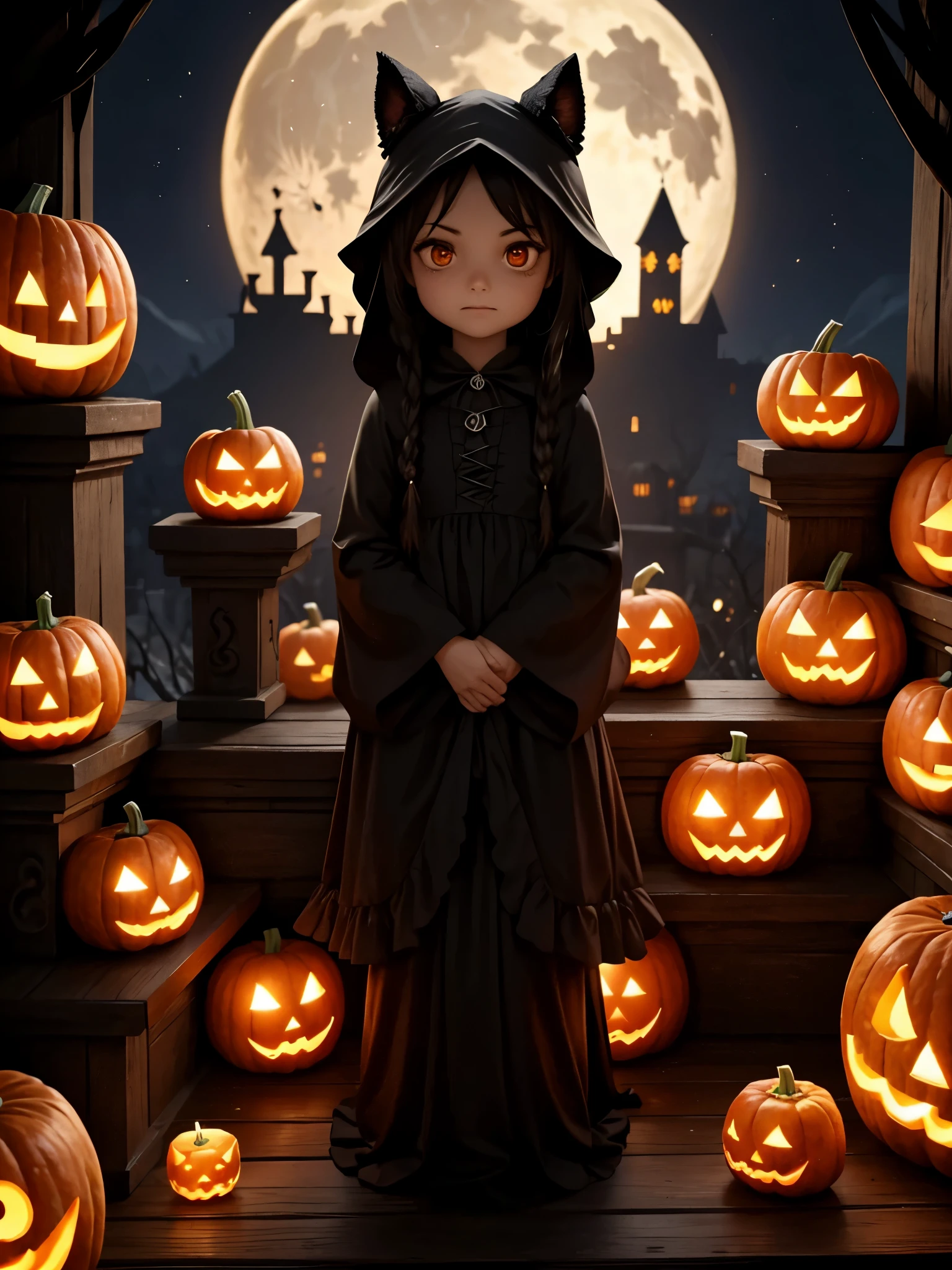 best quality,ultra-detailed,photorealistic,3D rendering,(jack-o-lanterns:1.2),(pumpkins:1.1),spooky atmosphere,autumn colors,(soft candlelight:0.9),(dark shadows:0.9),vibrant orange pumpkins,meticulously carved faces,impressive sculpting skills,hauntingly realistic expressions,twinkling candle flames,flickering lights,creepy,seemingly alive pumpkins,elaborate designs,nighttime glow,witches,full moon,crisp cool air,gothic backdrop,monstrous faces,nightmarish atmosphere eerie ambiance,enchanted Halloween scene