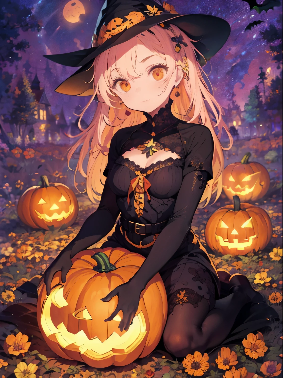 女性, 花柄ドレス, カラフル, かぼちゃ, カラフル background, flower 魔女の衣装, ハロウィンテーマ, 魔女の衣装, かぼちゃ carving