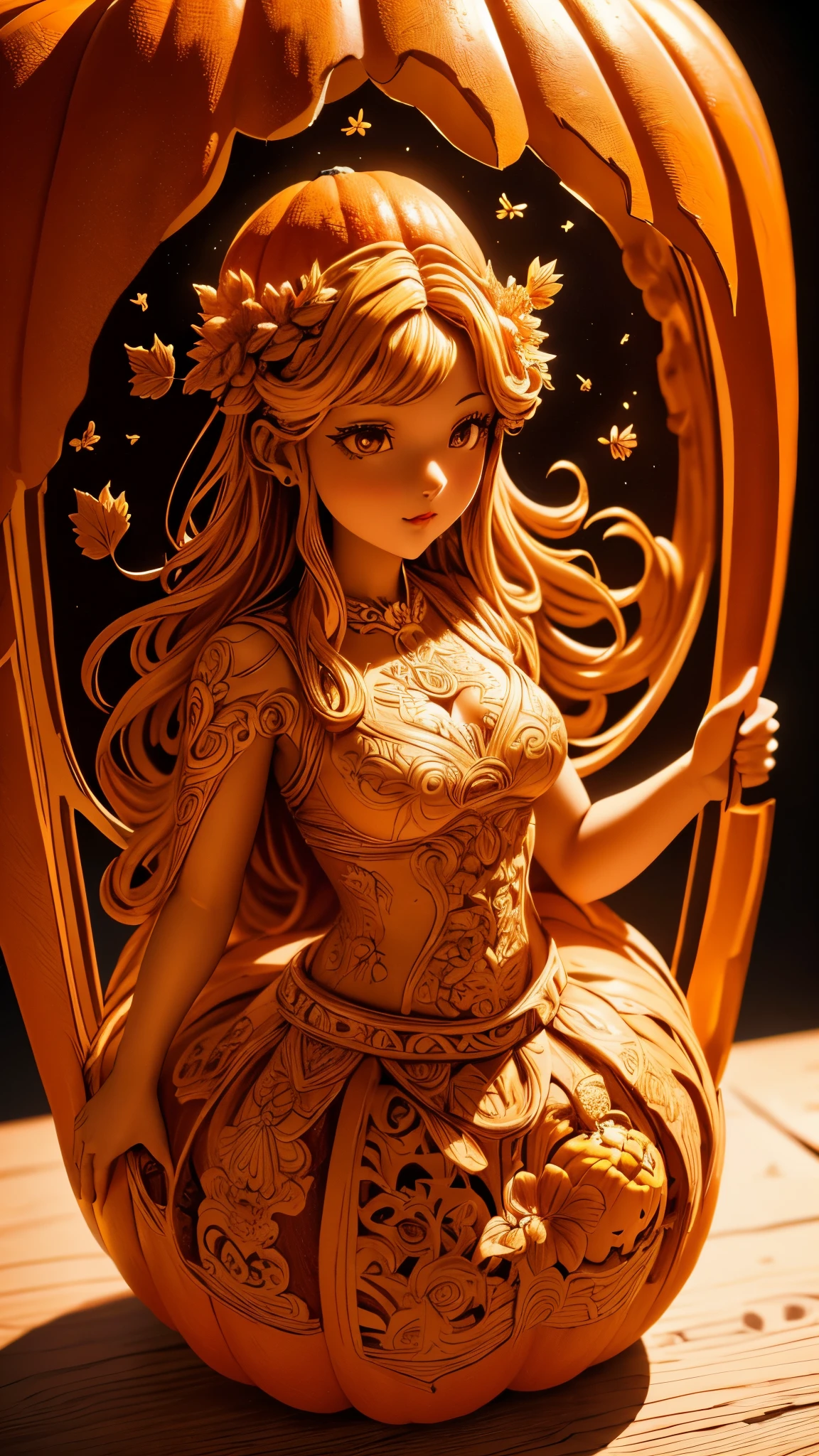 (A cute girl carved from a large pumpkin：1.1），（whole body），Beautiful long-haired girl，Retro court long skirt，16k，Orange，relief， and honest dining table background，Fruit carving，food engraving，Three-dimensional engraving，scenography，food sculpture design， close-up, rotated, rococo style, Classicism, depth of field, UHD, masterpiece, ccurate, super detail, high details, high quality, award winning, best quality, highres, 16k，soft light lighting，