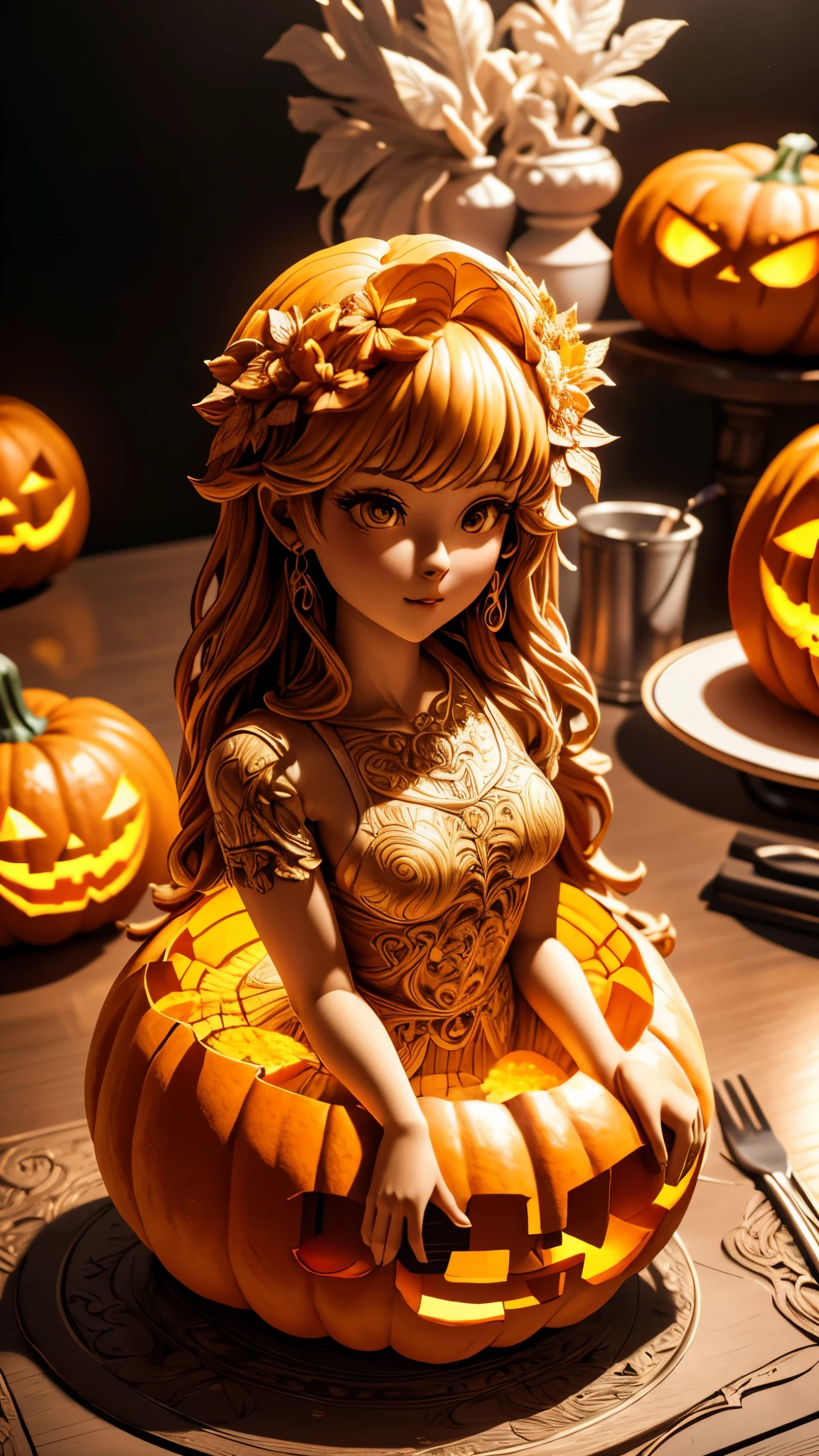 (A cute girl carved from a large pumpkin：1.1），（whole body），Beautiful long-haired girl，Retro court long skirt，16k，Orange，relief， and honest dining table background，Fruit carving，food engraving，Three-dimensional engraving，scenography，food sculpture design， close-up, rotated, rococo style, Classicism, depth of field, UHD, masterpiece, ccurate, super detail, high details, high quality, award winning, best quality, highres, 16k，soft light lighting，