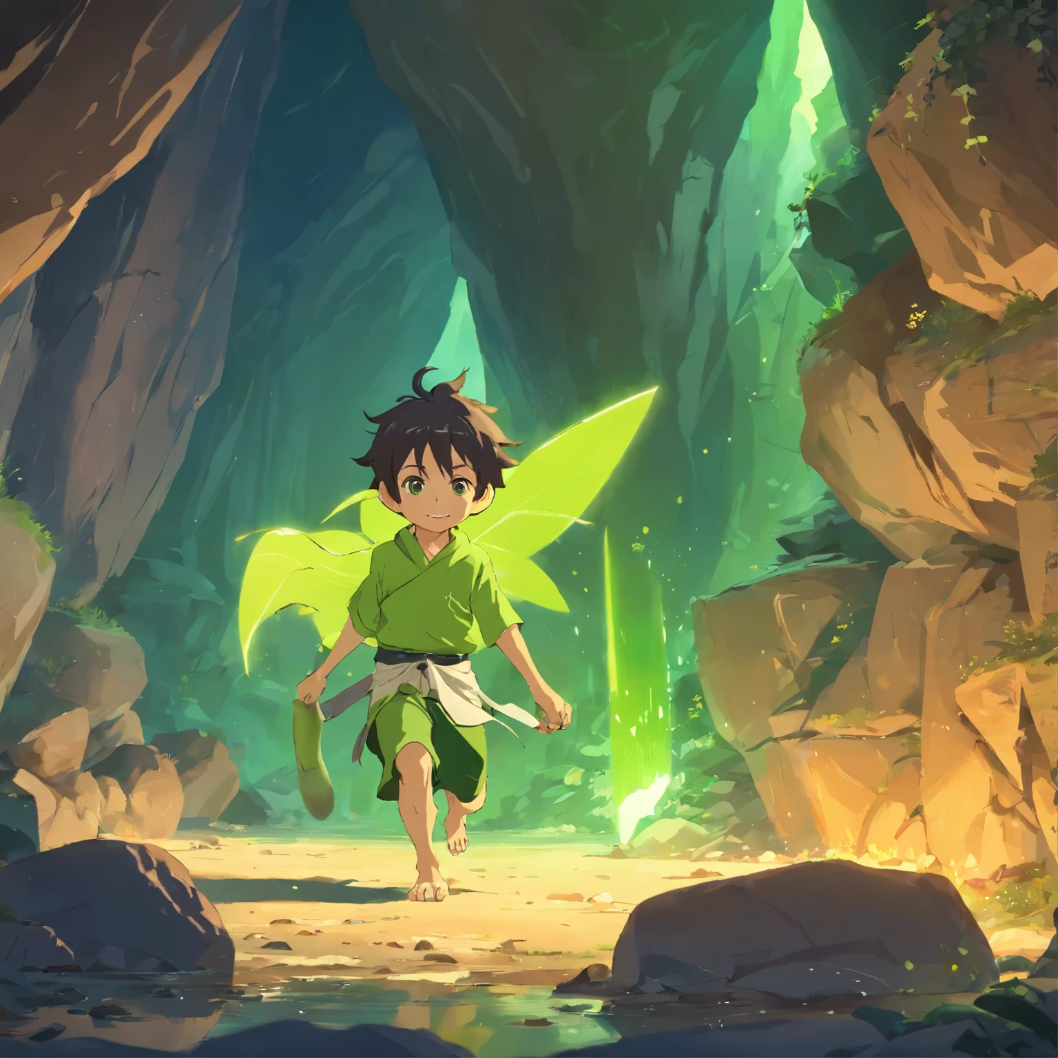 Anime boy running through a cave with a sword in his hand - SeaArt AI