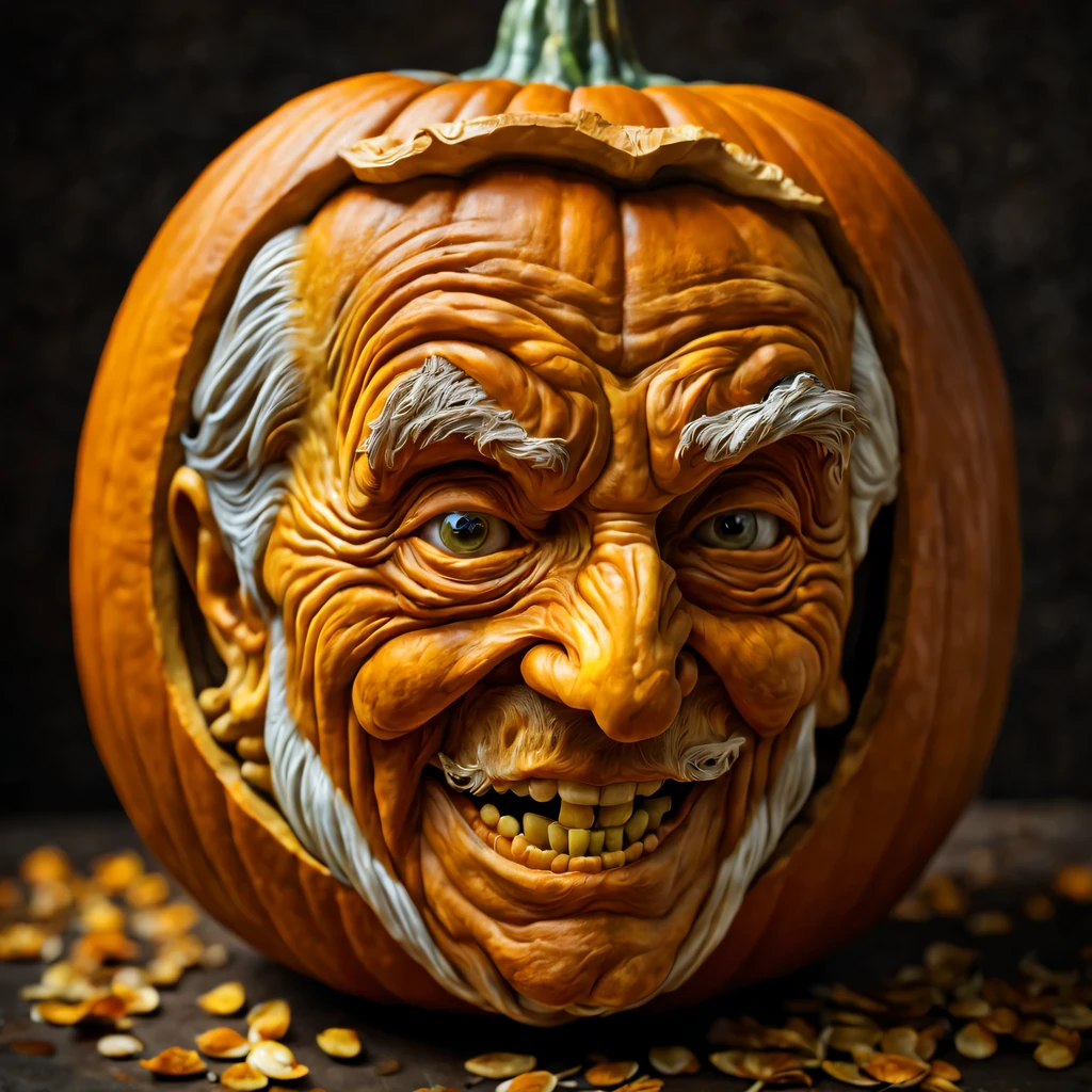 カボチャの彫刻 Art, カボチャの彫刻, a 詳細 old man's head is carved from a pumpkin, その老人はよく笑う, カボチャの種が口から落ちる, 超現実的な, 細部までこだわった, 詳細, 写実的な, 自然なカボチャの色, 明け, 中立的な背景