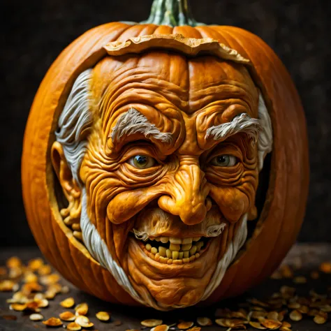 Pumpkin carving Art, Pumpkin carving, a detailed old man's head is carved from a pumpkin, the old man smiles a lot, pumpkin seed...