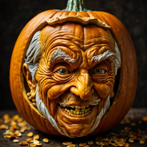 pumpkin carving art, pumpkin carving, a detailed old man's head is carved from a pumpkin, the old man smiles a lot, pumpkin seed...