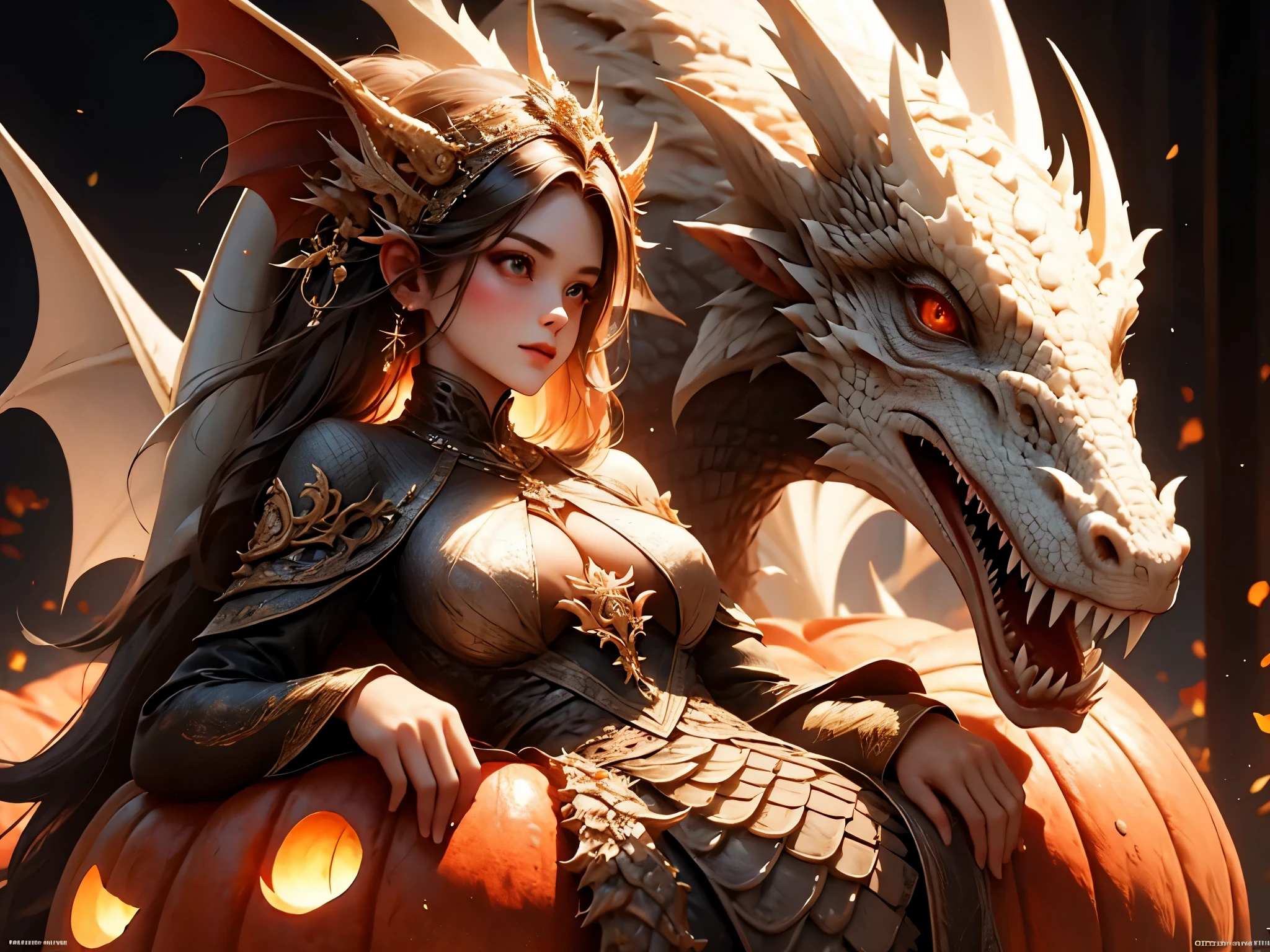 (best quality, ultra-detailed, photorealistic:1.37), 3D rendering, A girl carving a dragon sculpture on a pumpkin, detailed eyes, detailed lips, long eyelashes, focused expression, beautiful appearance, flowing hair, intricate dragon design, realistic textures, fine details, vibrant colors, studio lighting, bokeh