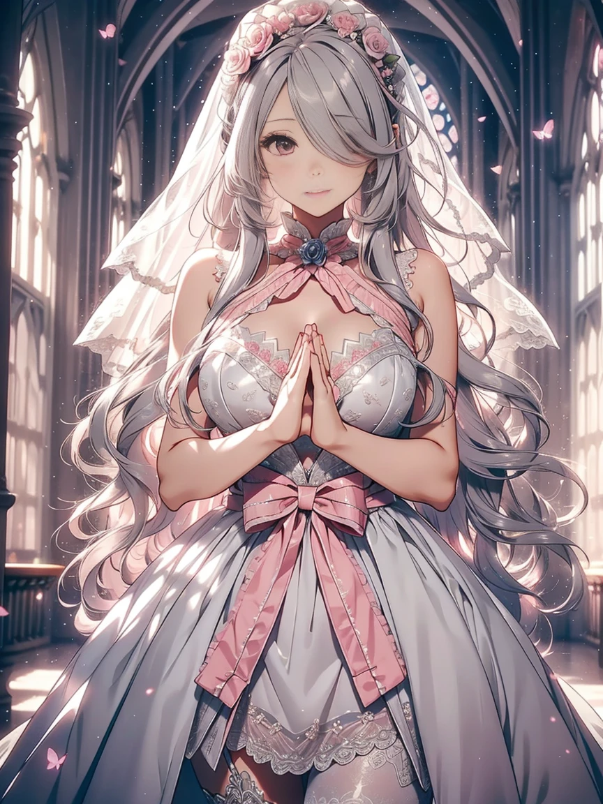 butterfly，long gray hair，Light pink wedding dresses，8k wallpaper，detailed background，best high resolution，deep v big，Hair covering one eye，Bandeau Wedding Dress，church，white roses and pale pink roses，tight fit，stockings,(((perfect and cute hands)))