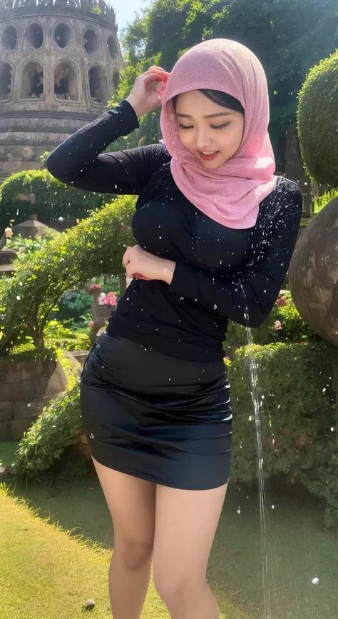 Hot asian girl 18 years old squishing boobs wearing black hijab pink tight  rippe - SeaArt AI