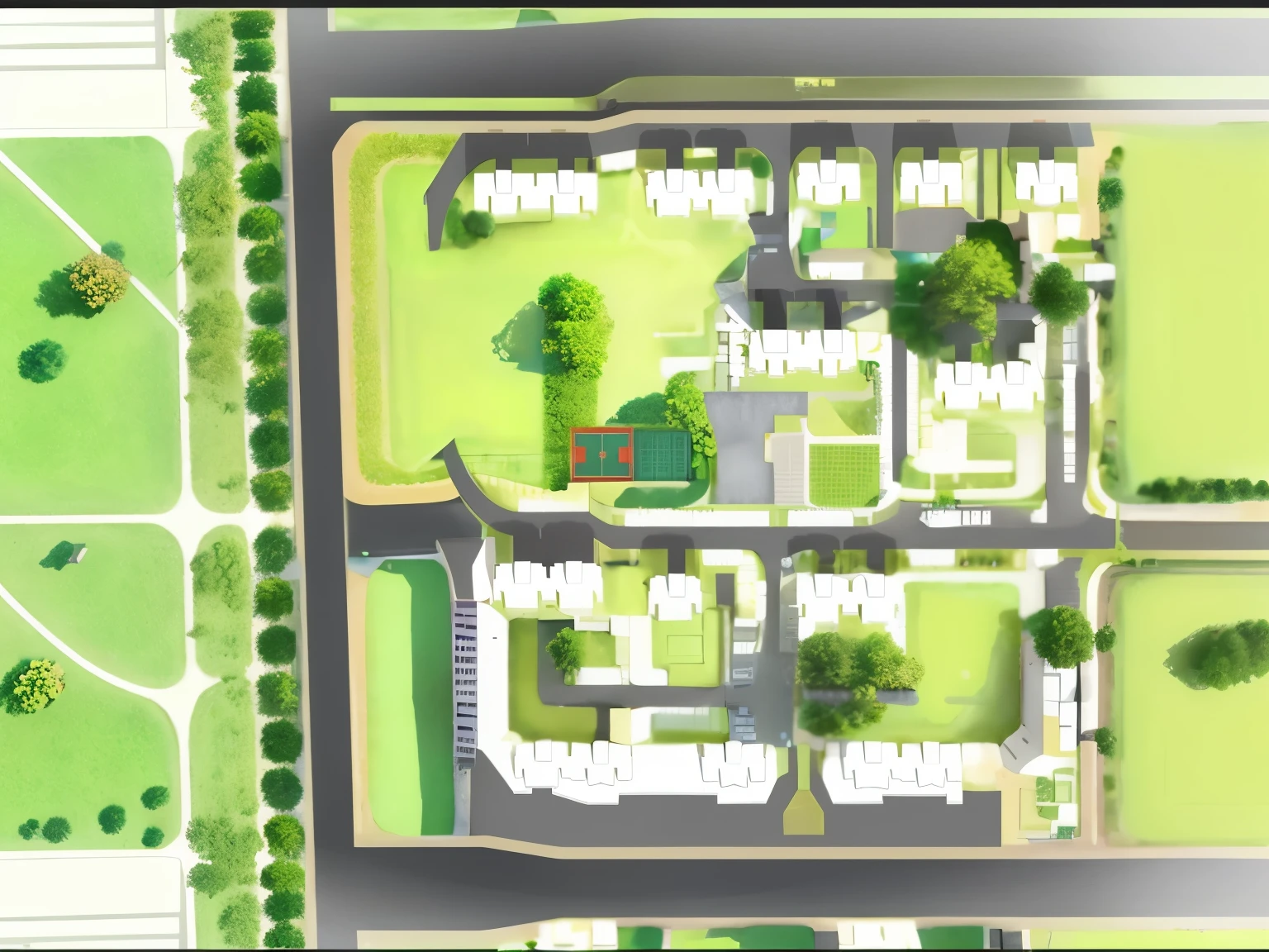 Aerial view of a residential area with a lot of trees and houses ...