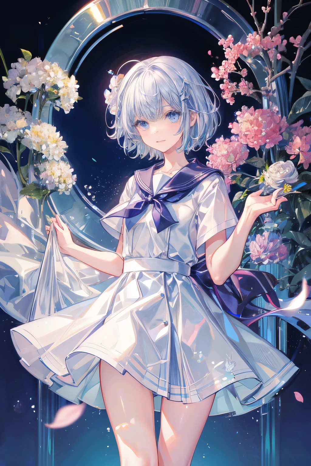 1 girl，(white) short hair，blue eyes，school uniforms，(super cute)，(introvert) and shy，small breast，(thin and small)，(feel happy)，flowers，Natural expression