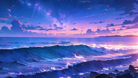 beautiful sea in the night with a lot of stars and clouds romantic and nostalgic, purple and violet