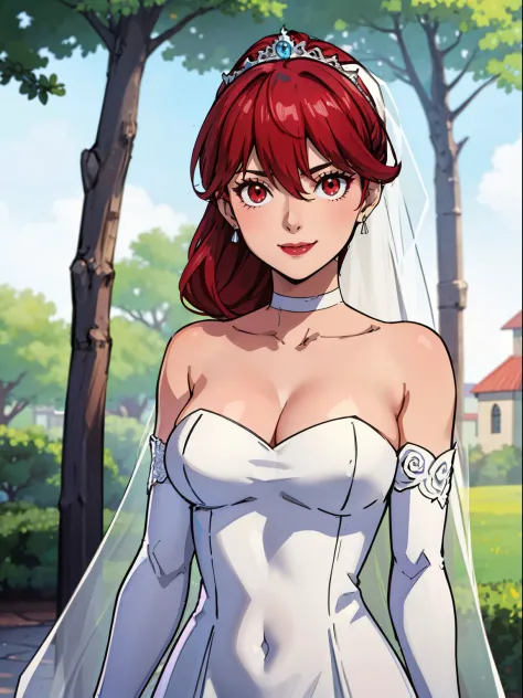 kasumi, red hair, pony tail, red eyes,earrings ,lipstick, eye shadow, makeup, hair between eyes, ahoge, hair ornament, gloves, dress, cleavage, bare shoulders, collarbone, white oprea gloves, white gloves, white dress, strapless, white choker, tiara, veil,...