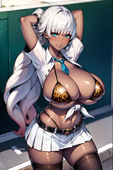 masterpiece, best quality, extremely detailed, 1girl, gyaru, milf, solo, (dark brown skin:1.7), xc2dahlia, (huge breasts:1.3), ((((white hair), long hair, blue eyes, slit pupils))), parted lips, (((tied shirt, open clothes, bikini, leopard print, pleated s...