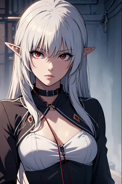 (((leashed))),alice,vampire,grey hair, long hair, red eyes, pointy ears, small breasts
